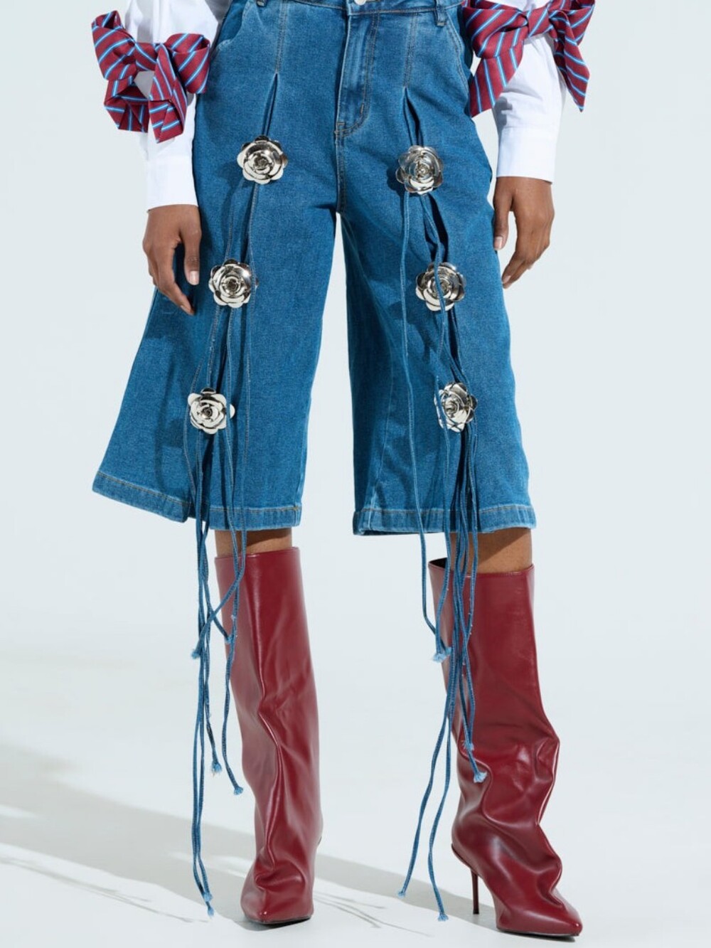 Denim Shorts with Silver Floral Accents - Blue